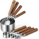 8 Piece Measuring Cups and Spoons Set, Measuring Cup Set with Wooden Handle and Metric and US Measurements, Silver Polished Finish, for Cooking and Baking in The Kitchen (Silver)