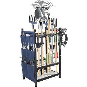 Garden Tool Rack Freestanding, Heavy Duty Garden Tool Organizer, 3-tier Tool Rack, Multifunctional Yard Tool Storage with Hooks and Storage pockets for Outdoor Long-Handled Broom Shovel Rake