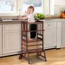 COSYLAND Toddler Standing Tower - Adjustable Height Toddler Kitchen Stool Helper - Kids Kitchen Step Stool for Learning with Removable Safety Railing Brown