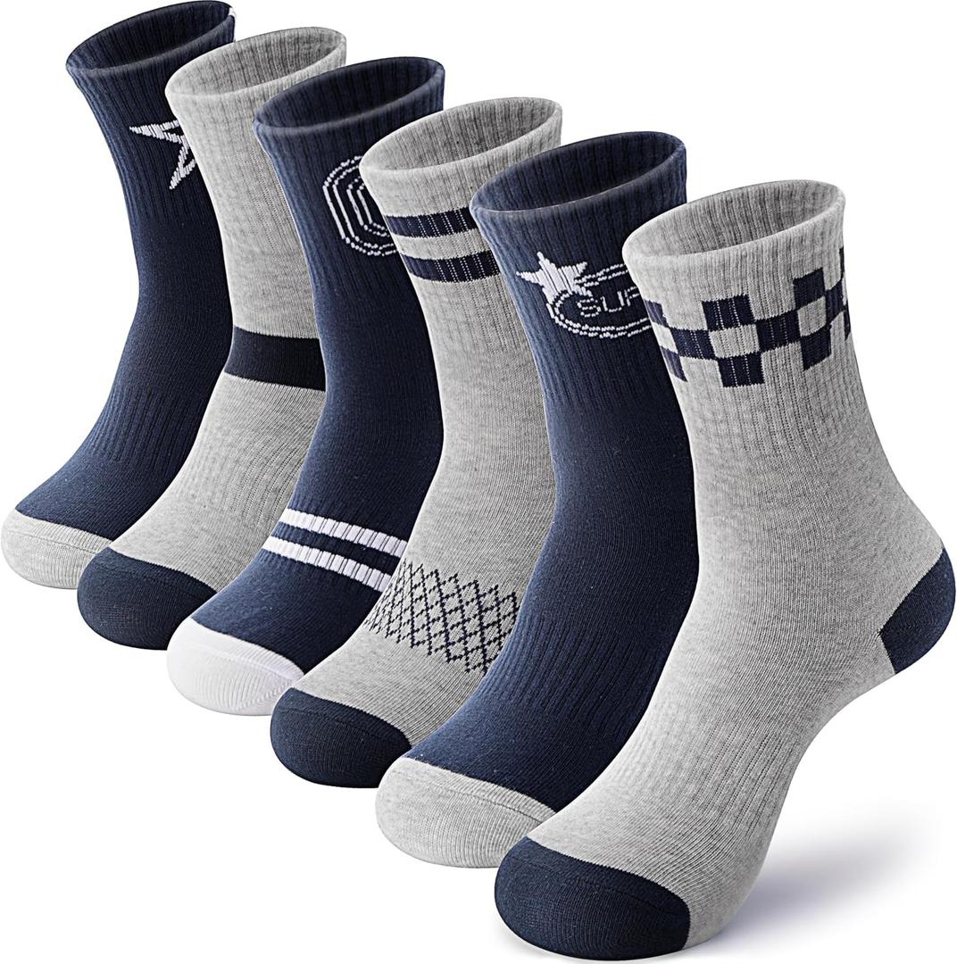 ANTSANG Kids Boys Girls Cotton Crew Socks Youth Teen Athletic Sport Basketball Breathable Soft Socks 6 Pairs(Grey Black Stars, 9-14 Years)