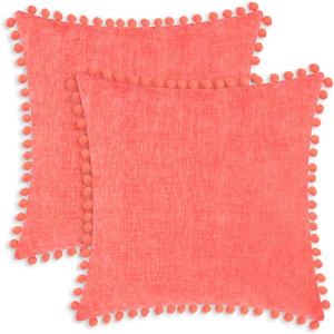 CaliTime Throw Pillow Cases Pack of 2 Cozy Solid Dyed Soft Chenille Cushion Covers with Pom Poms for Couch Sofa Home Decoration 18 X 18 Inches Living Coral