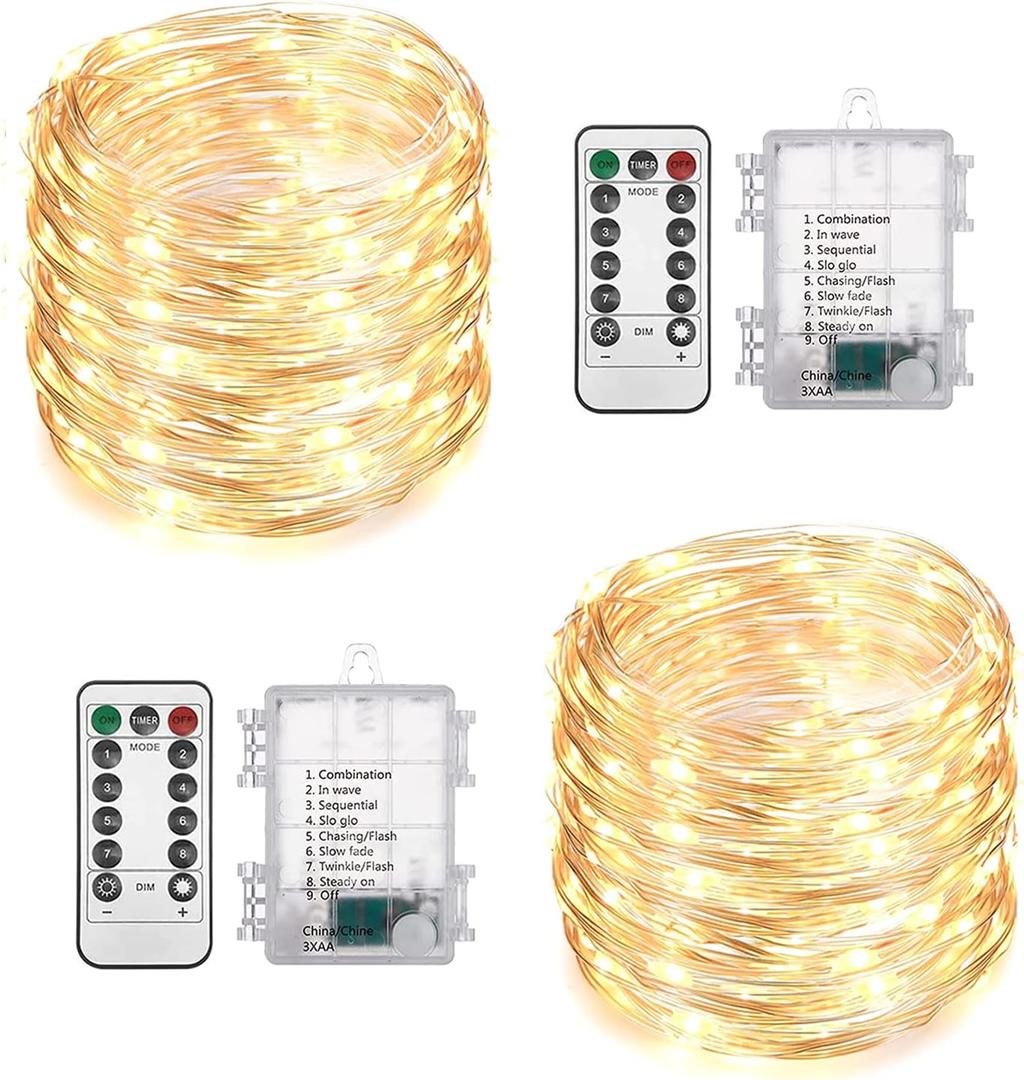 2 Pack Total 200 LED Fairy Lights Battery Operated String Lights with Remote & 8 Modes, 33FT Waterproof Copper Wire Battery Powered Twinkle Lights for Outdoor Christmas Parties Decoration Warm White
