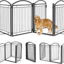 Full Metal Free Standing Dog Gate with Door for Indoor & Outdoor, 96'' Extra Wide 32'' Tall Dog Gate for The Doorways,Large Openings,Decks,Porch,Pet Freestanding Safety Fence (4 Panels,Black) (4 Panels with Door 32''H*96''W)