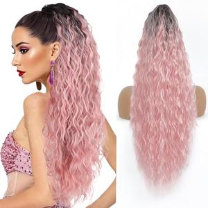 HYYLFS Claw Clip in Ponytail Extension 30 Inch Long Wave Curly Pony Tail Hair Extensions for Women fluffy Natural Looking Synthetic Hairpiece for Daily Use(Omber Black to Pink, 30Inch)