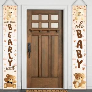 We Can Bearly Wait Baby Shower Decorations 2Pcs Bear Baby Shower Porch Sign Bear Gender Reveal Banner Decorations Teddy Bear Welcome Door Sign Bear Photo Props for Bear Birthday Supplies (brown)