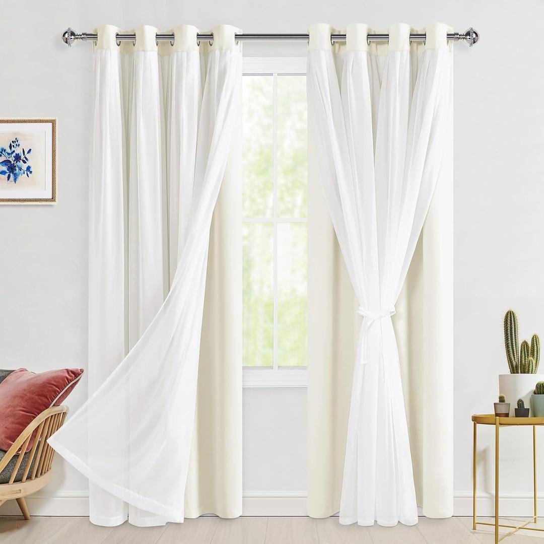Hiasan Blackout Curtains with Sheer Overlay, Grommet Thermal Insulated Mix & Match Double Layer Window Curtains for Bedroom, Living Room, 2 Drape Panels Sewn with Tiebacks, Ivory, 52W X 84L