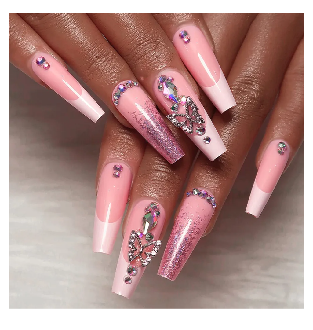 24 Pcs Press on Nails Long Length Square Fake Nails Light Pink Glittering False Nails with Three-Dimensional Butterfly Rhinestone Design Glossy Stick on Nails Acrylic Nails for Women and Girls