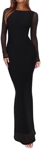 REORIA Women's Spring Mesh Sheer Long Sleeve Wedding Guest Dress Sexy Floral Bodycon Maxi Long Dresses, S