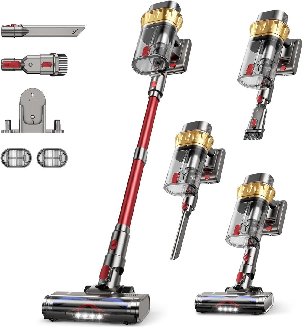 AIPOWAY 650W Cordless Vacuum Cleaner with 55KPa Flagship Suction, 75-Min Extended Runtime 2.5L Dual-Cup Capacity, Anti-Tangle Brush & Self-Standing Design HEPA Filtration for Furniture Carpet Pet Hair (1, Red)