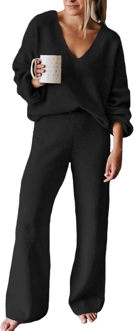 Fixmatti Women 2 Piece Knit Set Long Sleeve Pullover Sweater Top Wide Leg Pant Sweatsuit Outfits (Medium, Black)