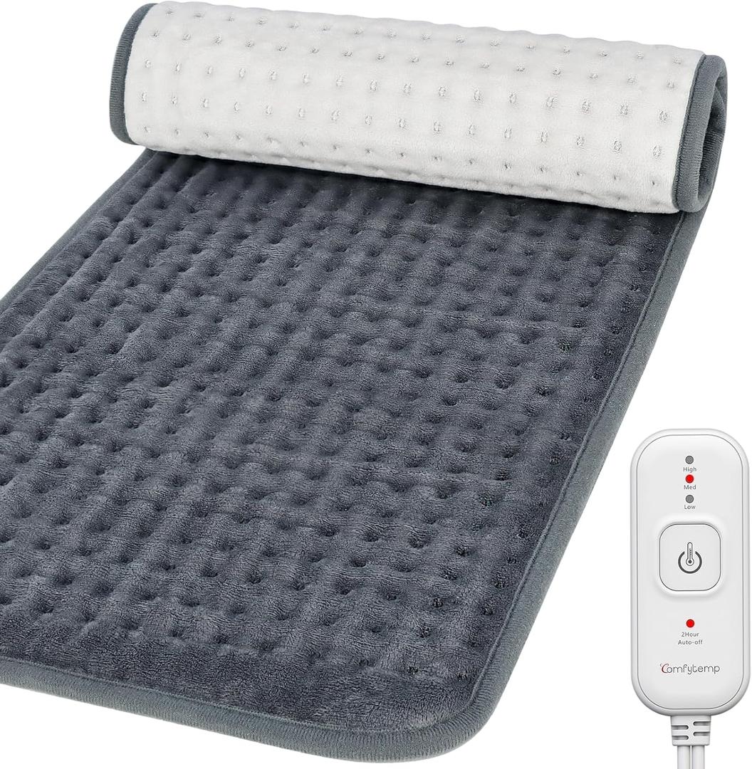 Comfytemp Heating Pad for Back & Period, FSA Eligible Electric Large Heat Pad, 2H Auto Off, Birthday Gifts for Women Men Mom Dad, HSA Approve Moist Neck Shoulder Legs Knee Heated Pad Washable, 12"x24" (Light Grey-m)