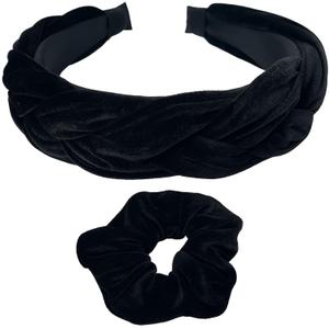 2 x Black Velvet Braided Headband & Scrunchie Set  Matching Hair Accessories for Women & Girls