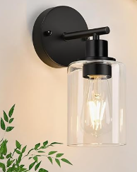 Zarbitta Set of 1 Wall Sconces for Bathroom,Black Modern Vanity Lights with Clear Glass Shade,Bathroom Wall Lamp for Mirror Kitchen Living Room Hallway Cabinet Porch