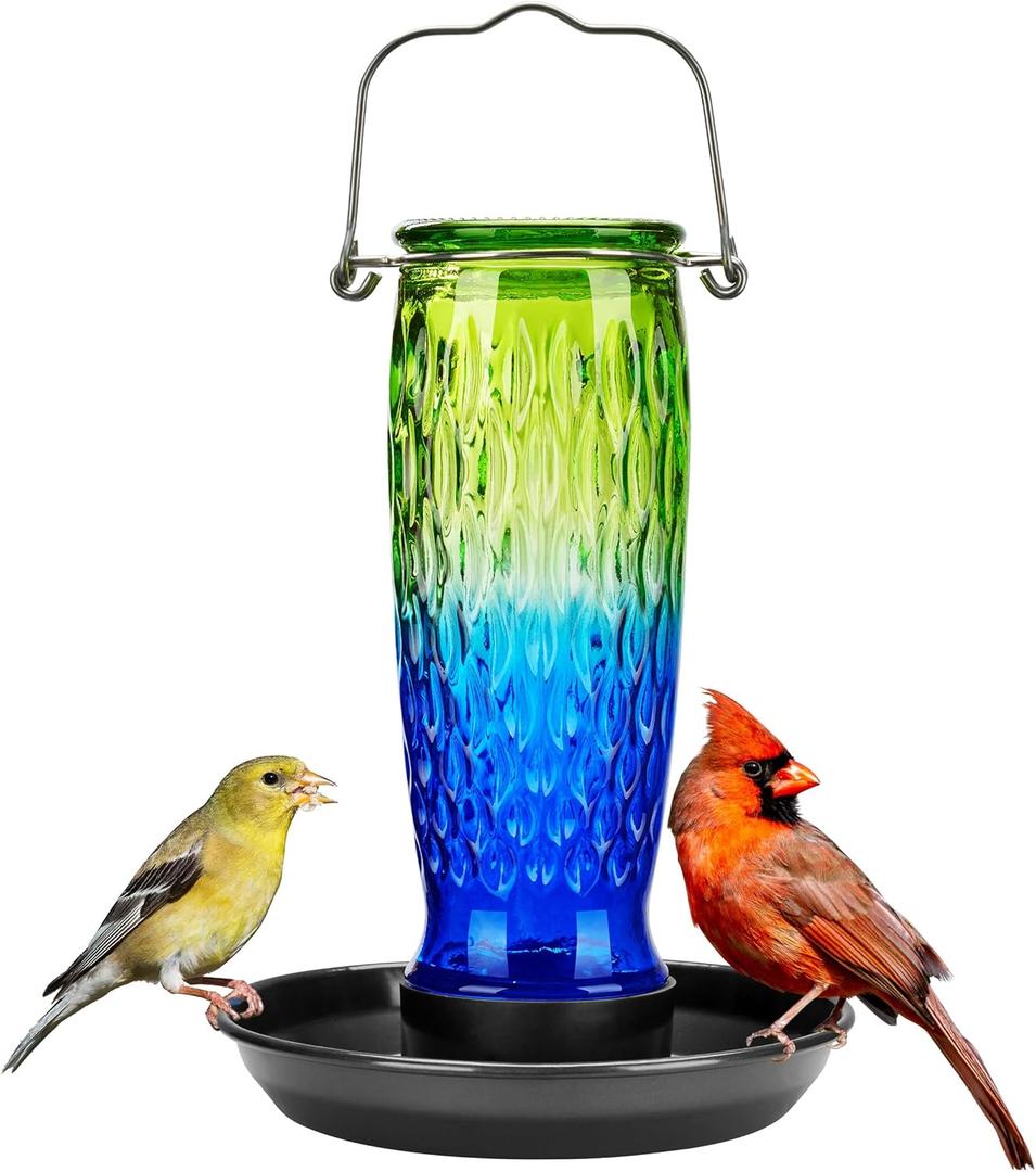 Kingsyard Bird Water Feeder for Outside, 24 Ounce, Glass Bird Water Dispenser with Metal Hanging for Garden Yard Outside Decoration, Green & Blue Kingsyard Bird Water Feeder for Outside, 24 Ounce, Glass Bird Water Dispenser with Metal Hanging for Garden Yard Outside Decoration, Green & Blue