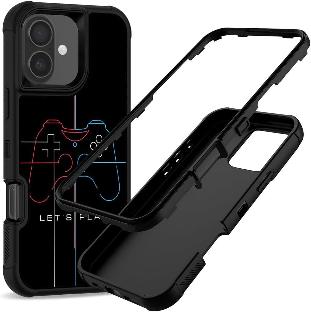 Compatible with iPhone 16 Case, Heavy-Duty 3-in-1 Full-Body Rugged with Soft Rubber Bumper Shockproof Protective Cover for Men Boys Kids Teen - Let's Play Game 026