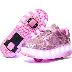 Nsasy Kids Roller Shoes Boy Girl Sneakers with Wheels Become Sport Sneaker with Led for Christmas Birthday Children Show Gift (Pink, 29)