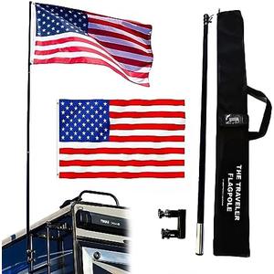 The Traveler RV Ladder Flag Pole Kit. Includes Steel RV Flagpole Mount, Fits Standard 1" RV Ladders, 11ft Fiberglass Retractable Pole, A Beautiful 3'x5' US Flag And A Storage Bag