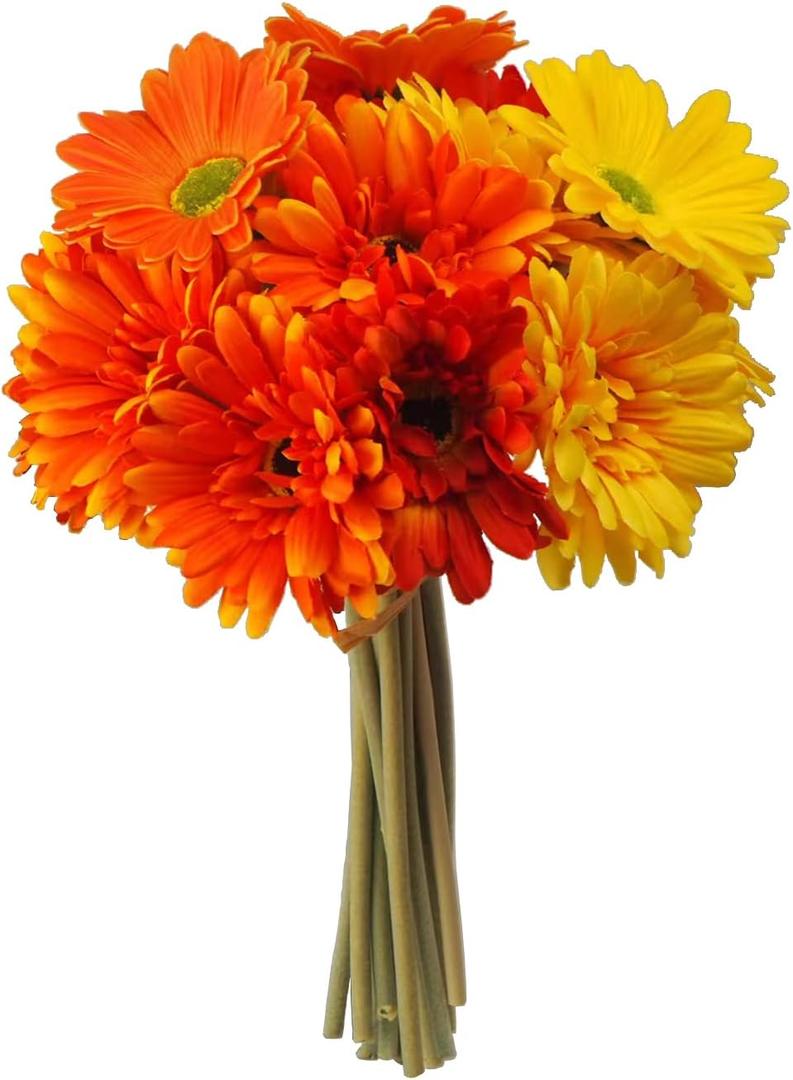 16Pcs Artificial Flowers Colorful Gerbera Daisies Bouquets with Vibrant Color Daisy Lifelike Flowers Arrangements for Home Wedding Table Center Decor,Cemetery Grave Decor(Orange+Yellow+Red)