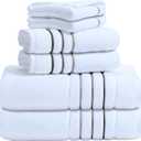 Bath Towels Set for Bathroom Luxury 6-Piece Cotton Towels, Soft Absorbent & Quick Dry, 600 GSM Bath Towels for Bathroom, Hotel Spa Quality (2 Bath, 2 Hand, 2 Washcloths, White Grey Stripe)