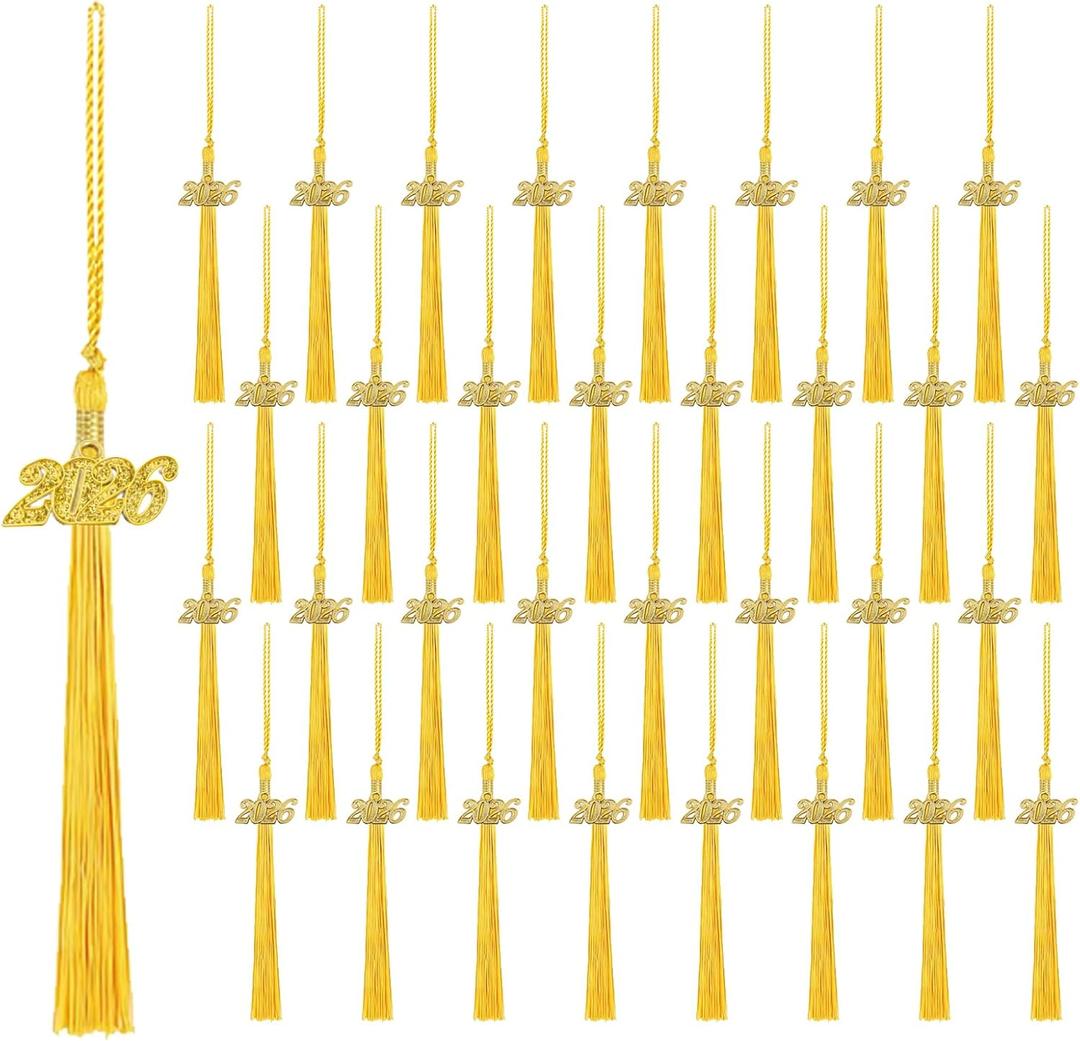100 Pcs Gold Graduation Cap Tassel Decorations 2026, Grad Tassel Decor with Ornament for Graduation Party Supplies Gifts