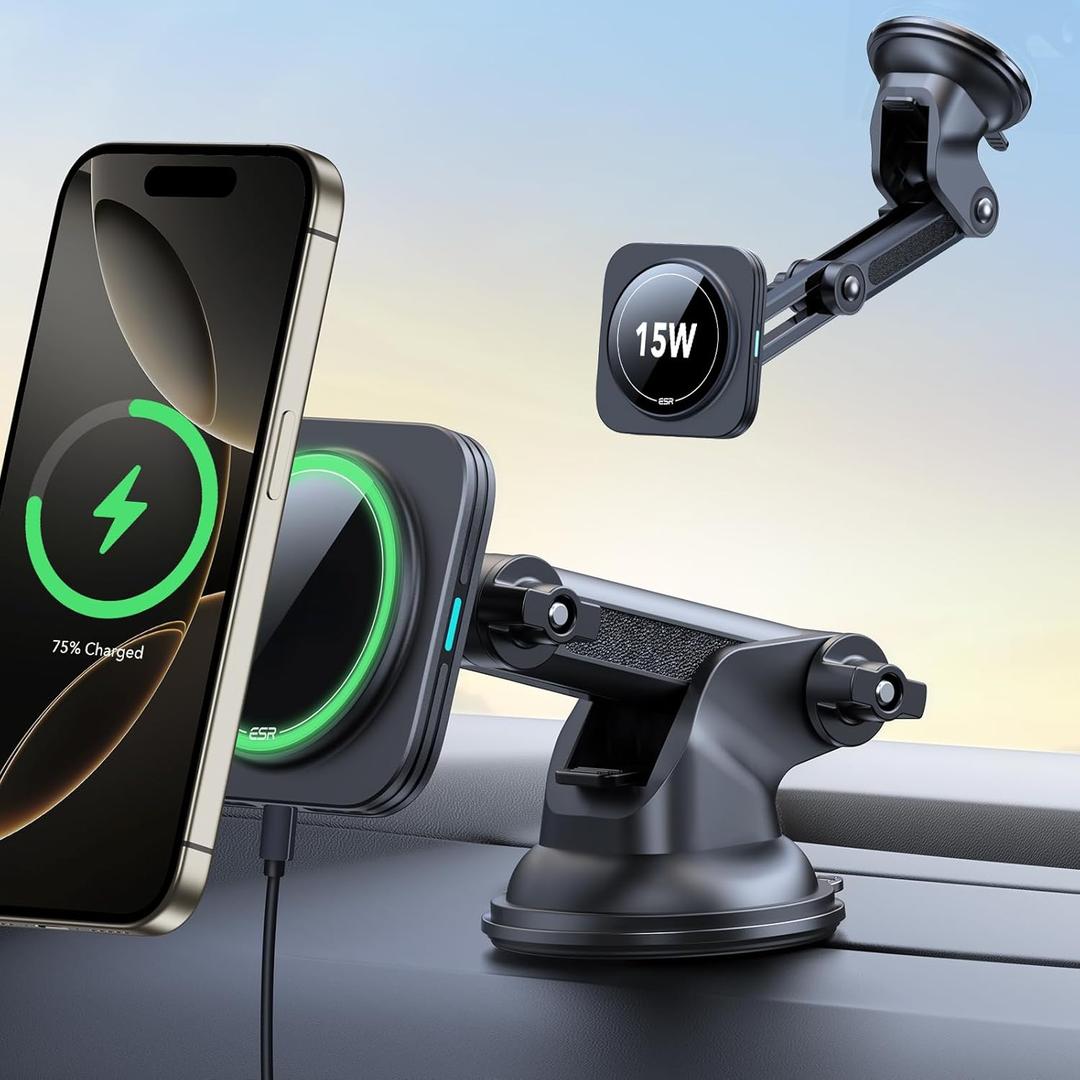 ESR for 15W MagSafe Car Mount Charger, for MagSafe Car Charger, Suction Cup Magnetic Wireless Car Charging, Dashboard Car Phone Mount for iPhone 17/16/15/14/13/12, S25, Pixel 10, Fast Charging