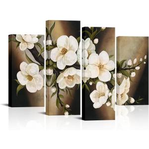 iHAPPYWALL 4 Panel Vintage Flower Canvas Wall Art Plum Blossom Tree Floral Painting Artwork for Rustic Farmhouse Kitchen Living Room Decor Stretched and Framed Ready to Hang 12''x24''x 2pcs + 12''x32''x 2pcs
