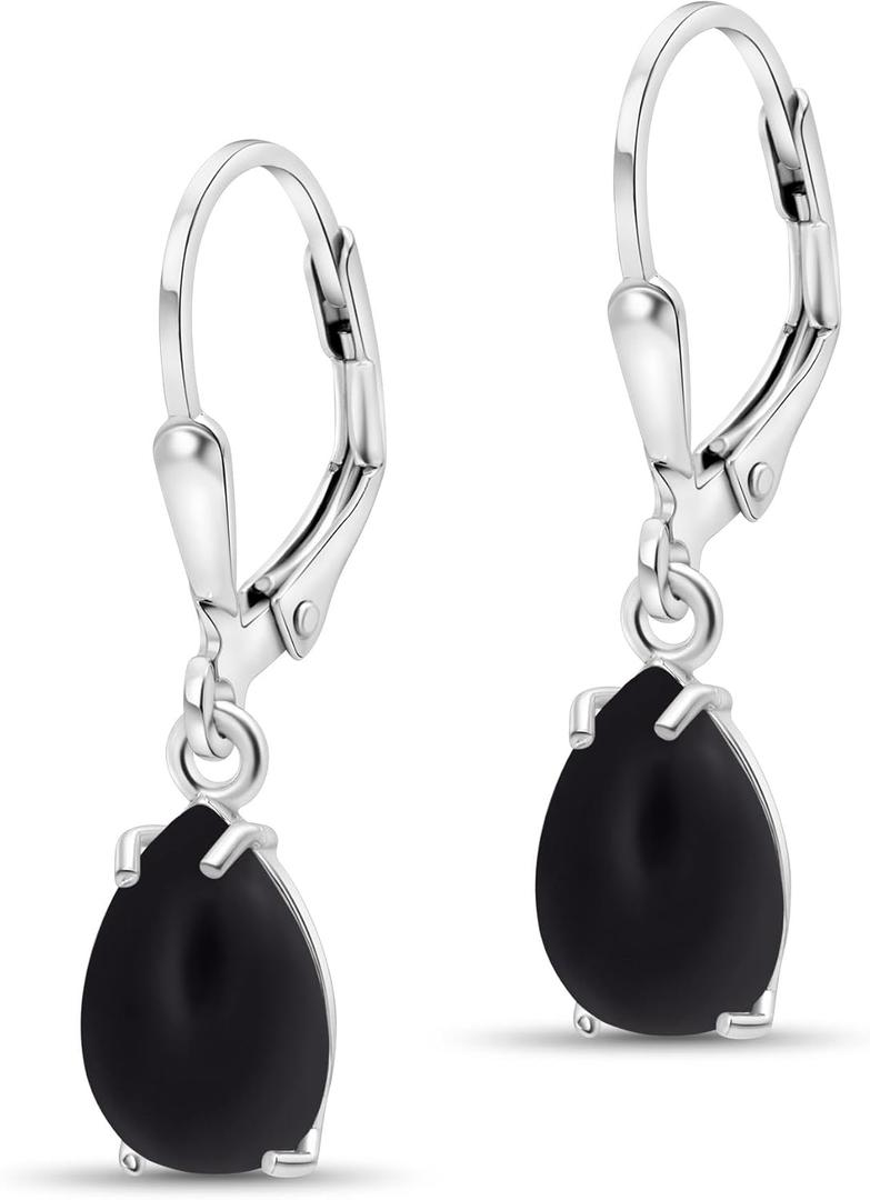 925 Sterling Silver Gemstone Teardrop Earrings for Women  Birthstone Leverback Jewelry  Elegant Statement Earrings  Perfect Gift for Women (Onyx)