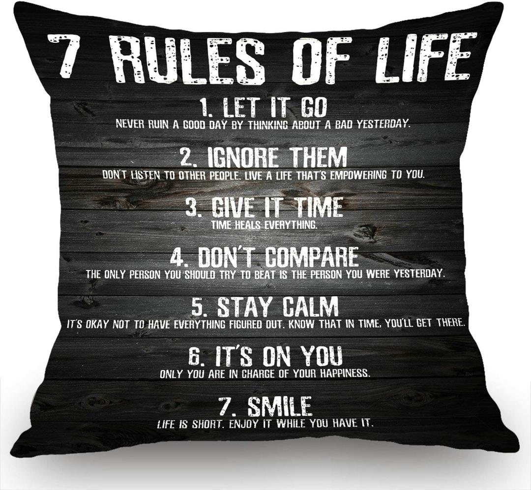 2 x Swono 7 Rules of Life Motivational Quotes Throw Pillow Case Cushion Cover Cotton Linen 18x18 Inches for Sofa Couch