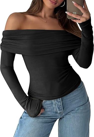 ANRABESS Long Sleeve Shirt for Women 2025 Fall Off Shoulder Slim Fit Tee Top Sexy Going Out Ruched Blouses Y2K Trendy Clothes, M