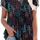 BETTE BOUTIK pleated petal short sleeve bohemian shirts for women blouses for women dressy casual LeopardColor Small