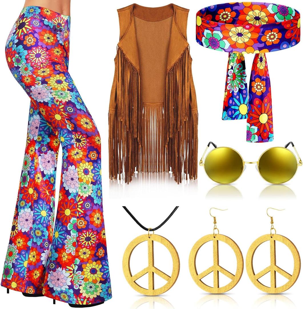 Haull 7 Pcs 60s 70s Outfits for Women Hippie Costume Set Boho Flared Pants Fringe Vest Peace Sign Accessories Set (Medium)