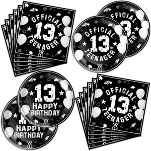 40Pcs 13th Birthday Party Decorations Plates Disposable Tableware Include Plates and Napkins For 20 Guests 13th Birthday Decorations for Boys Girls (White and Black 7)