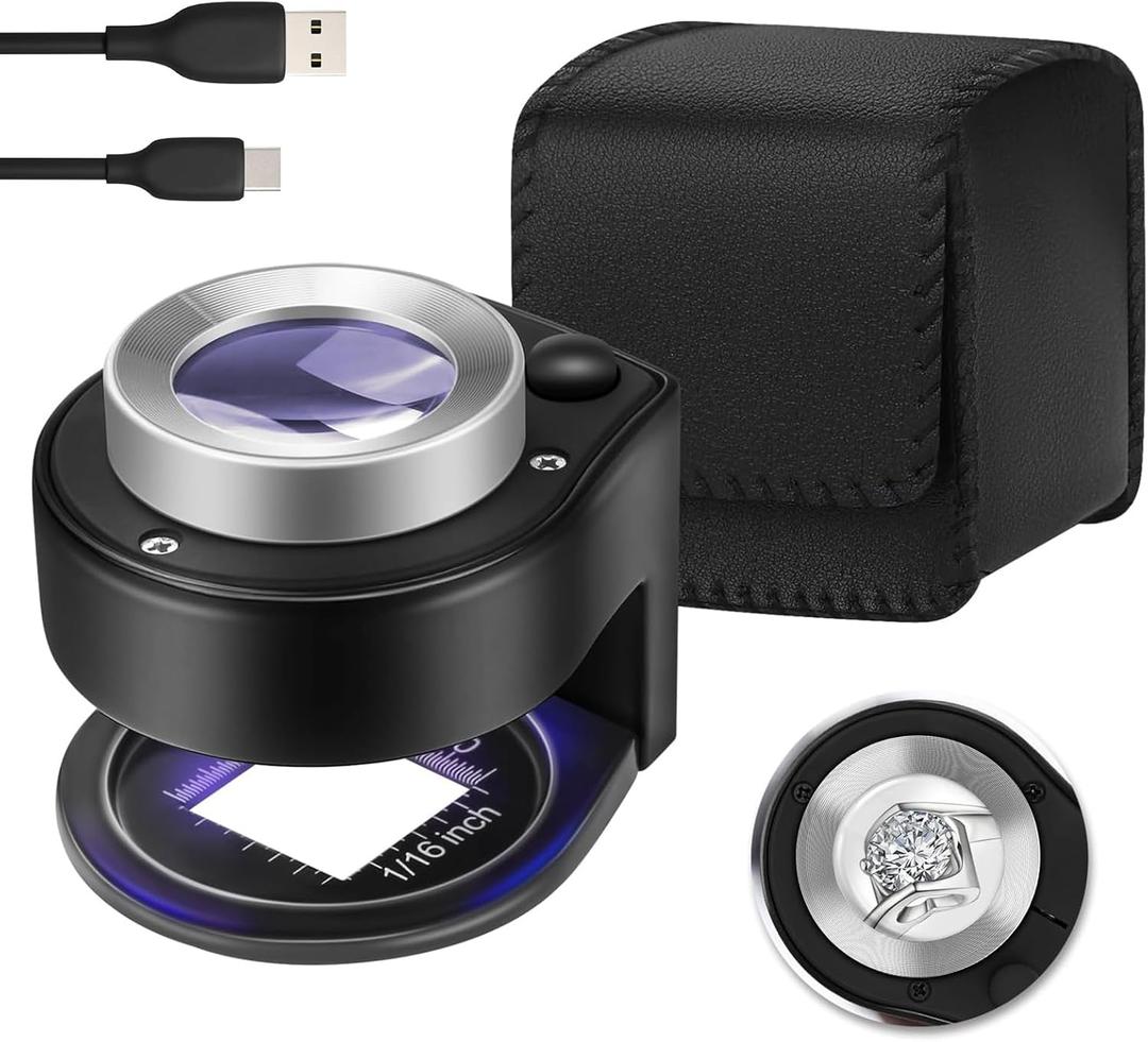 45X Jewelry Magnifier with 6 Light, Rechargeable Desktop Portable Coin Magnifier Sewing Magnifing Glass for Textile Optical Jewelry Tool Coins Currency Black