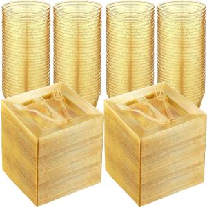 Mifoci 300 Pcs Gold Glitter Plastic Plates Set for Party 100 Pcs 6.5 Inch Plastic Plates with 100 Forks and 100 9 oz Cups for Wedding Party Halloween(Gold Glitter)