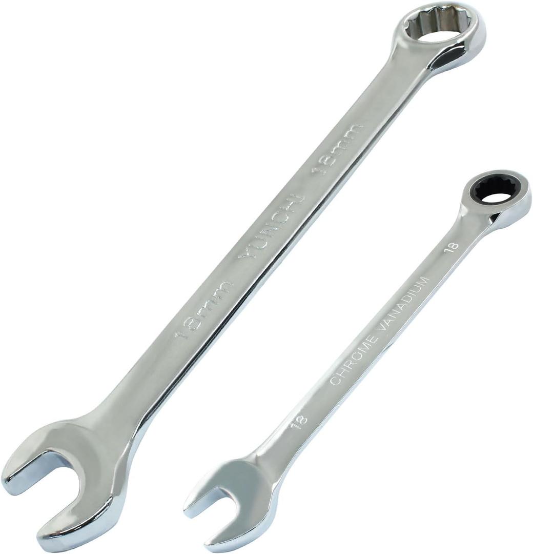 18 mm Ratcheting Wrench Set, 2 Pieces Metric Ratcheting Combination Wrench with 12 Point Design, 72 - Tooth Ratchet Spanner with Chrome Plating