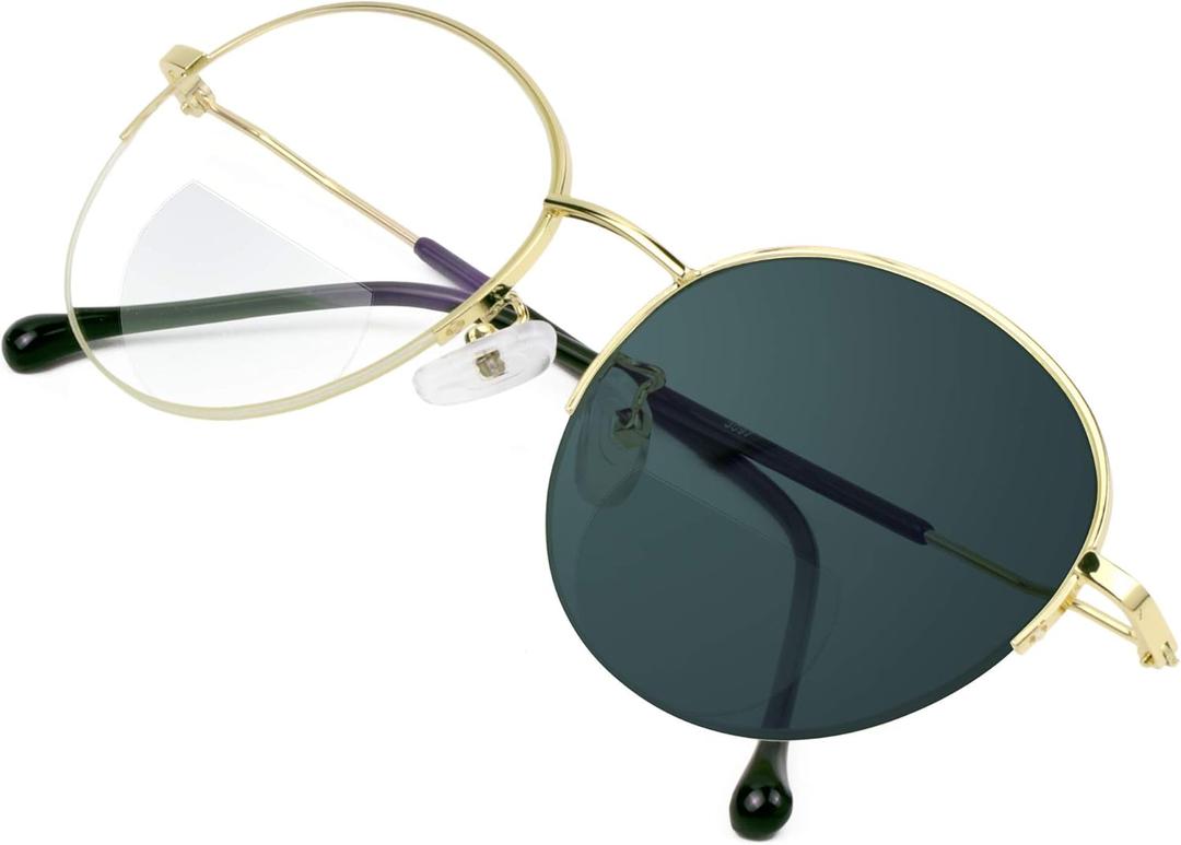 VisionGlobal Bifocal Reading Glasses Blue Light Blocking for Men and Women - Stylish Retro Round Computer Readers (+0.50/+3.00 Magnification, 3097_golden(c5)_sb_gray)