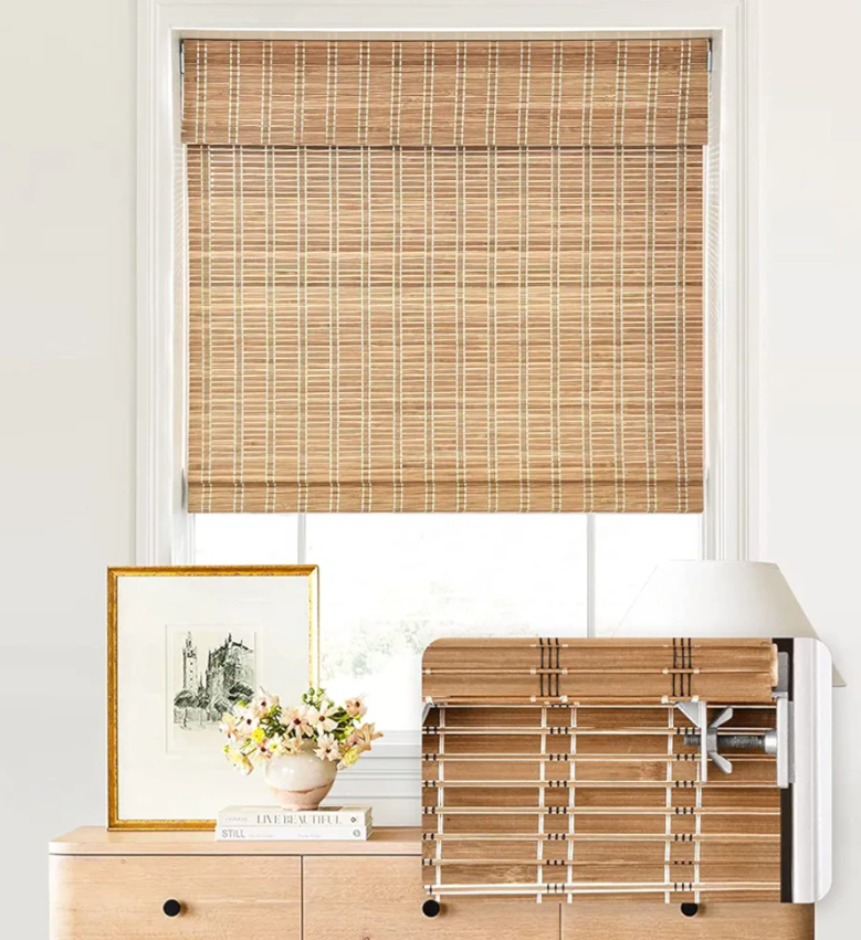 LazBlinds No Tools No Drill Cordless Bamboo Roman Shades, Light Filtering Window Treatment, Roll Up Bamboo Blinds for Windows 24'' W x 64'' H, Brown