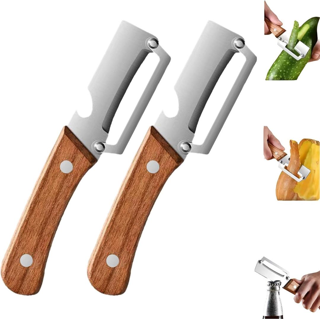 3 x Vegetable Peeler with Wooden Handle and Bottle Opener, 2-in-1 Stainless Steel Kitchen Tool for Fruits, Potatoes, Pumpkins, 2 Pack
