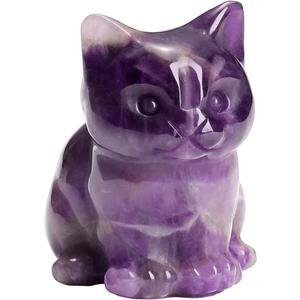 Jovivi 1.5" Amethyst Cystal Cat Statue Natural Stone Carved Cute Pocket Sitting Cat Figurines Sculpture Home Desk Christmas Decorations Gifts (Purple - Amethyst Crystal)