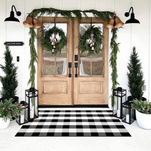 SEEKSEE Cotton Buffalo Plaid Rug 3'x5' Black and White Checked Rug Washable Doormats Indoor Outdoor Rugs for Layered Front Door Mats, Porch, Kitchen, Farmhouse, Entryway