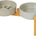 Elevated Slow Feeder Ceramic Dog Bowls Set for Meduim Size, Raised 2.7" Height, Cute Paw Slow Feeding Food Bowl and Water Bowl with Stand for Medium Breed, Size 6.3" Dx2 H, Non Slip, Grey