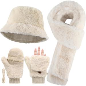 Jeere 3 Pcs Winter Faux Fur Hat Scarf Gloves Set for Women Faux Fur Bucket Hat Winter Flip Gloves Warm Scarf for Men Women (Beige)