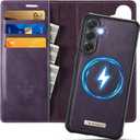 Wallet Case for Samsung Galaxy S25 Plus Compatible with Magsafe, 2-in-1 PU Leather Flip RFID Blocking Card Holder Stand Shockproof Magnetic Detachable Case for Galaxy S25 Plus, Retro Purple