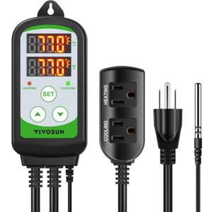 VIVOSUN 1500W Digital Temperature Controller, 2-Stage Outlet Thermostat Heating and Cooling Mode, Thermostat with Dual LED Display, for Homebrew Fermenter Greenhouse Terrarium, 110-240V 20A 1500W