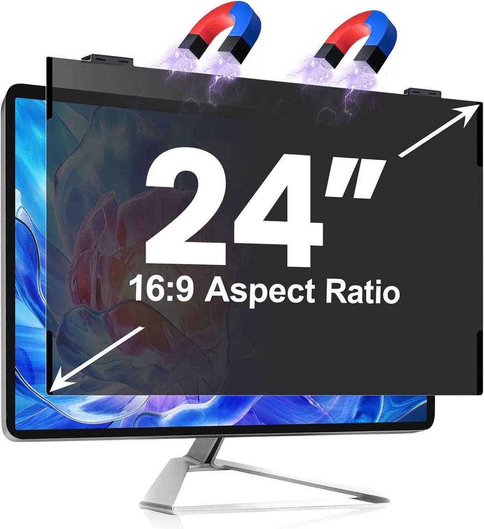Removable Hanging Magnetic 24 Inch privacy screen for computer monitor, Fit Frameless Monitor 16:9 Widescreen, Anti Blue Light Filter, Anti-Glare Eye Protector Shield, Adhesive-Free, Easy Installation
