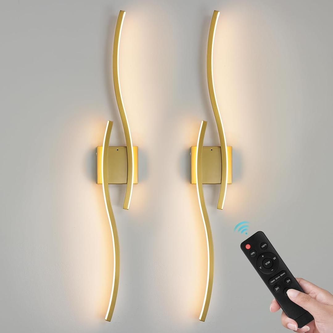WOSHITU Gold Battery Operated Wall Sconces: 39 Inch Rechargeable Wall Sconce Set of 2 with Remote Control 3CCT Dimmable Wall Light Modern Cordless Wall Lamp for Bedroom Living Room Hallway Bathroom