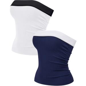 OLCHEE Womens 2PK Tube Tops Off Shoulder Seamless Ribbed Strapless Sleeveless Side Ruched Slim Fitted Summer Going Out Top (S)