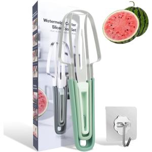 Watermelon Cutter Slicer Tool, 3-in-1 Stainless Steel Watermelon Fork Slicer and Popsicle Cuter with Clear Wall Hook, Portable Fruit Cutter Set for Home, Kitchen and Camping