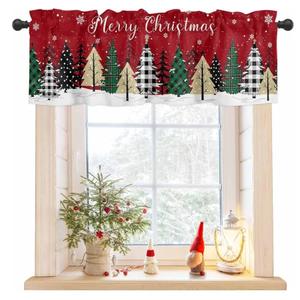 Christmas Valance for Windows Merry Christmas Tree Curtains Valances Rod Pocket Valance Window Treatments Snowflake Xmas Holiday Red Short Curtains for Kitchen Living Room Bedroom, Size: 54"W x 18"L (Pack of 1)
