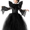 Halloween Maleficent Costume for Girls: Evil Queen Dress Up Costumes Witch Devil Handmade Knitted Tulle Dress Cosplay (Small, Black)